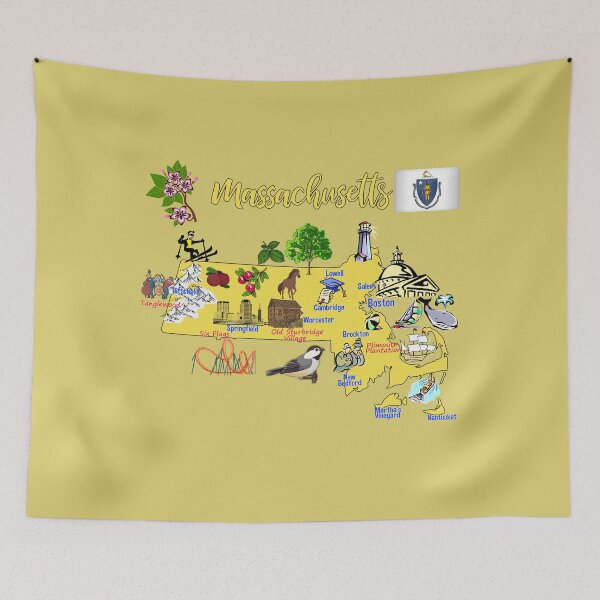 Item preview, tourist map of Massachusetts state, USA, major cities, flag, landmarks designed and sold by mashmosh.