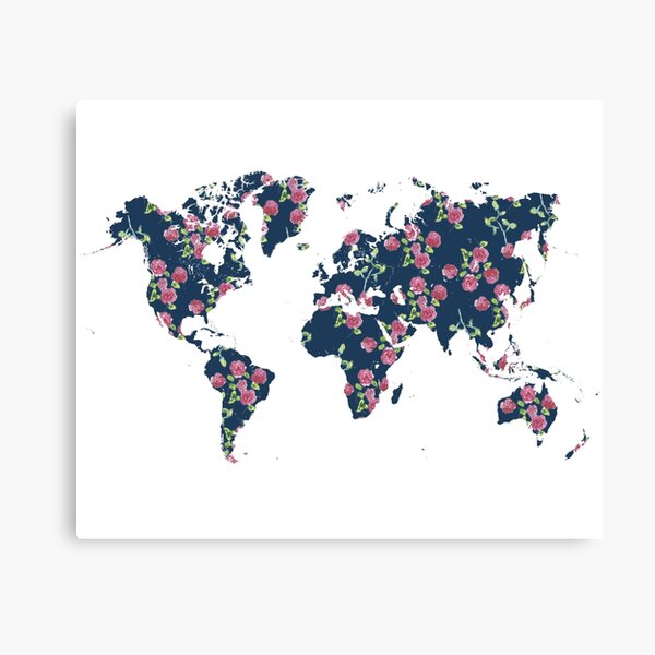 World map - roses pattern and blue background Canvas Print