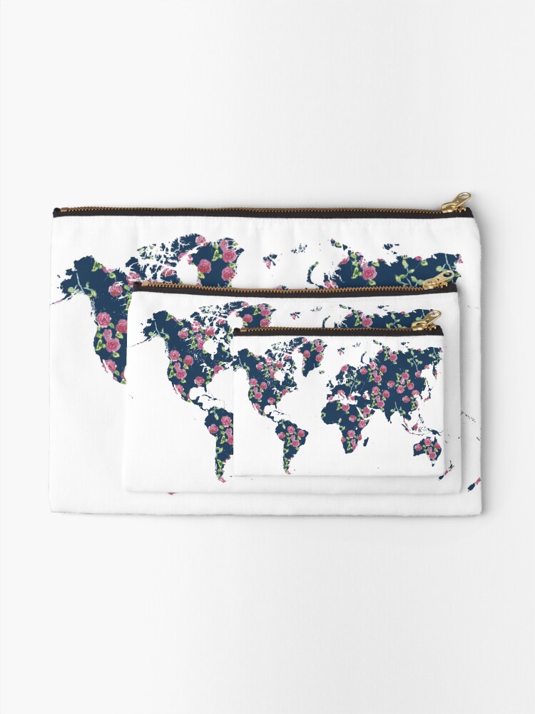 Alternate view of World map - roses pattern and blue background Zipper Pouch