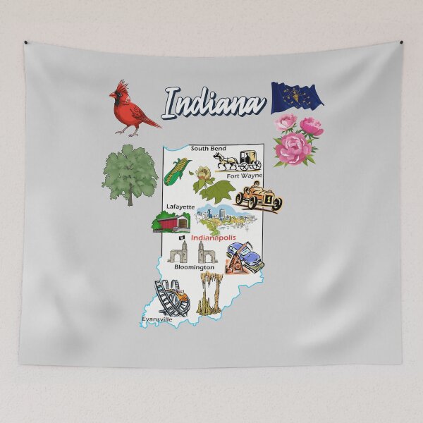 Item preview, Hand Drawn Illustration of Indiana Map with Tourist Destinations, attractions, USA designed and sold by mashmosh.