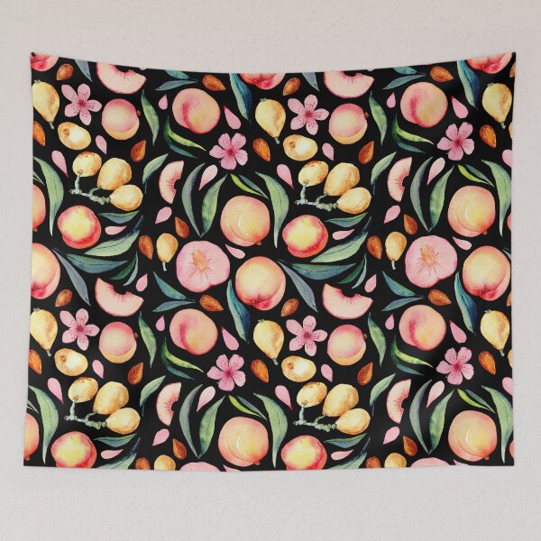 Item preview, Peaches and medlar watercolor pattern on black designed and sold by AnjeseAnna.