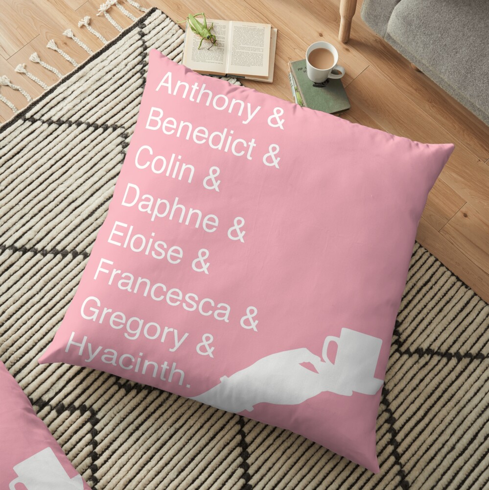 The Bridgerton Siblings with Pink Background Floor Pillow
