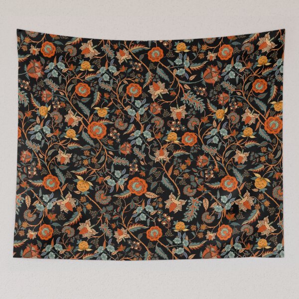 Item preview, Chintz on black, Indian, orange, boho, retro, vintage florals, chinoiserie designed and sold by chrissyink.