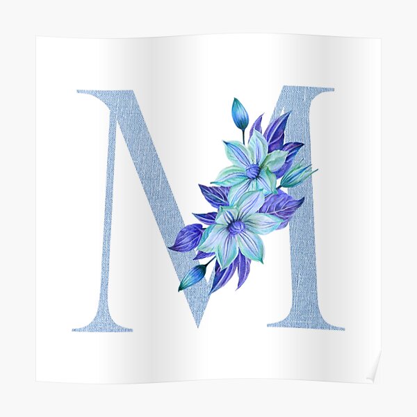 Letter M Monogram Floral Navy Blue and Burgundy Poster