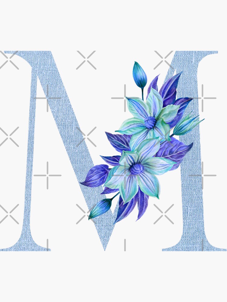 Monogram M Beautiful Watercolor Blue Flower Sticker for Sale by