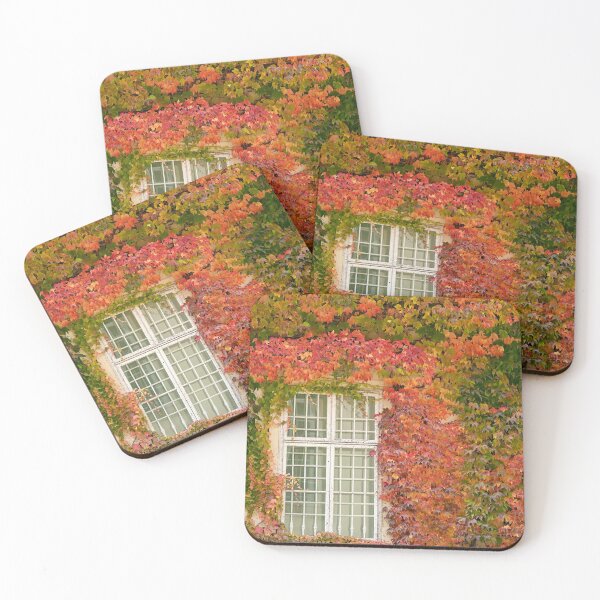 Item preview, wall with wooden window and colorful creeper leafs in Vienna autumn season designed and sold by goceris.