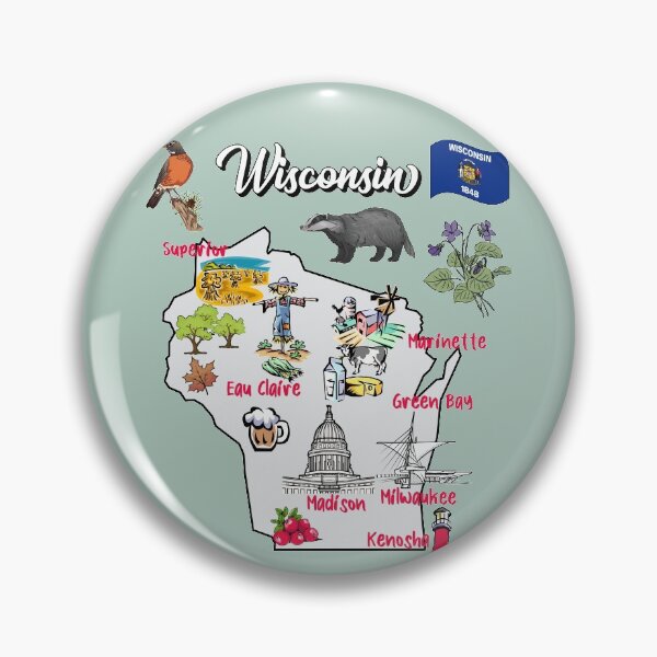 Item preview, Hand Drawn Illustration of Wisconsin Map with Tourist Destinations, attractions, USA designed and sold by mashmosh.