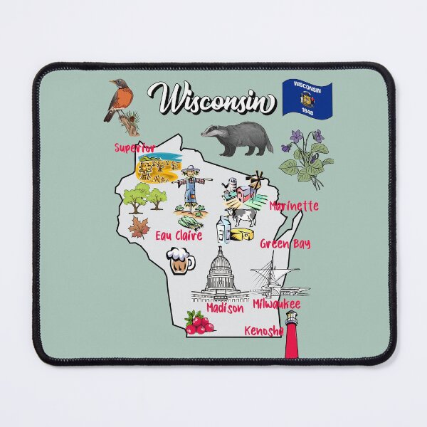 Item preview, Hand Drawn Illustration of Wisconsin Map with Tourist Destinations, attractions, USA designed and sold by mashmosh.