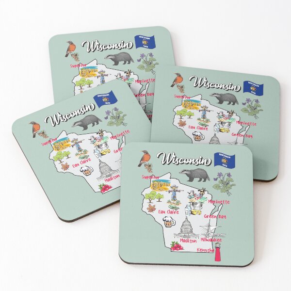 Item preview, Hand Drawn Illustration of Wisconsin Map with Tourist Destinations, attractions, USA designed and sold by mashmosh.