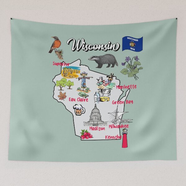 Item preview, Hand Drawn Illustration of Wisconsin Map with Tourist Destinations, attractions, USA designed and sold by mashmosh.