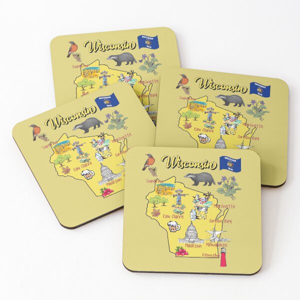 Item preview, tourist map of Wisconsin state, USA, major cities, flag, landmarks designed and sold by mashmosh.