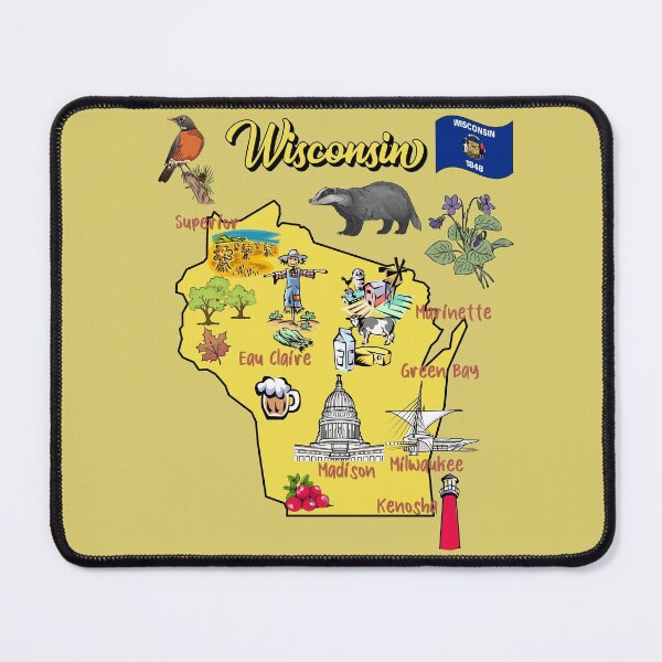 Item preview, tourist map of Wisconsin state, USA, major cities, flag, landmarks designed and sold by mashmosh.
