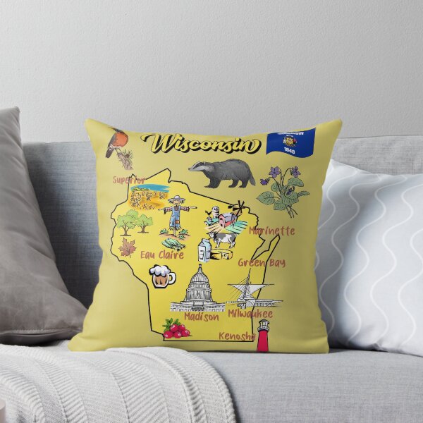 Item preview, tourist map of Wisconsin state, USA, major cities, flag, landmarks designed and sold by mashmosh.