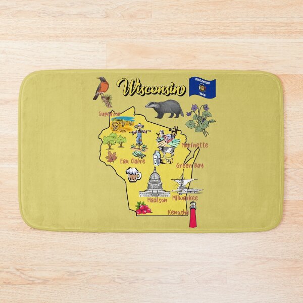 Item preview, tourist map of Wisconsin state, USA, major cities, flag, landmarks designed and sold by mashmosh.