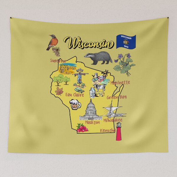 Item preview, tourist map of Wisconsin state, USA, major cities, flag, landmarks designed and sold by mashmosh.