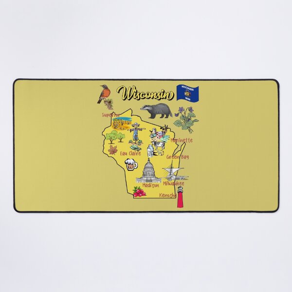 Item preview, tourist map of Wisconsin state, USA, major cities, flag, landmarks designed and sold by mashmosh.