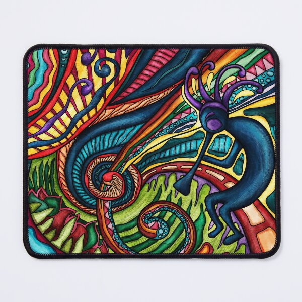 Kokopelli dancer on colorful abstract background, Kokopelli Mouse Pad