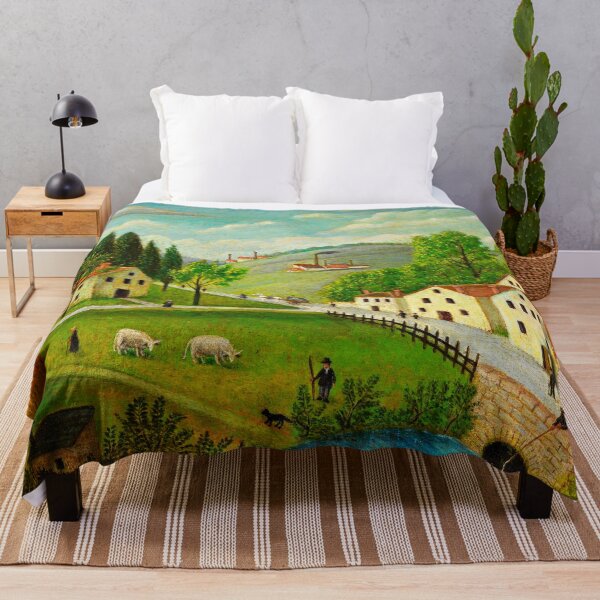 Artikelvorschau, Pastorale Landschaft mit Bach, Fischer und Spaziergänger - Henri Rousseau entworfen und verkauft von brushandframes.
