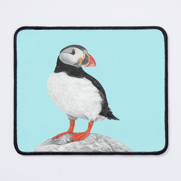 Item preview, Puffin pattern pastel art grey background on sky blue background designed and sold by IslesArt.