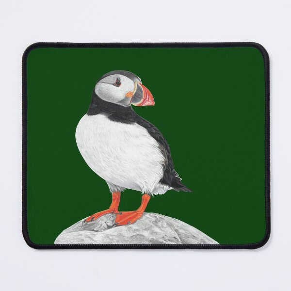 Item preview, Puffin pastel art grey background on dark green background designed and sold by IslesArt.