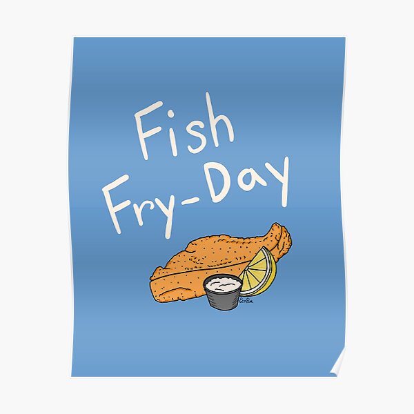 "Fish Fryday Fish Fry Friday Cream Text & Blue Gray Background