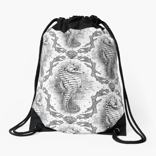Aperçu de l'œuvre Damassé hippocampe victorien en noir et blanc Steampunk antique  créée et vendue par LoreliDesigns.