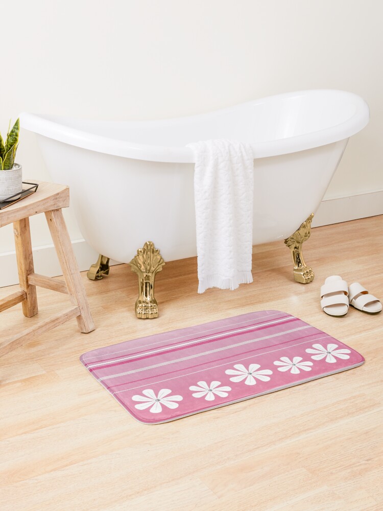 Thumbnail 1 of 6, Bath Mat, White Flowers Pink Lines designed and sold by CarlaBaremb.