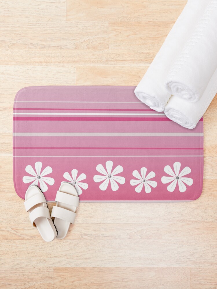 Thumbnail 2 of 6, Bath Mat, White Flowers Pink Lines designed and sold by CarlaBaremb.