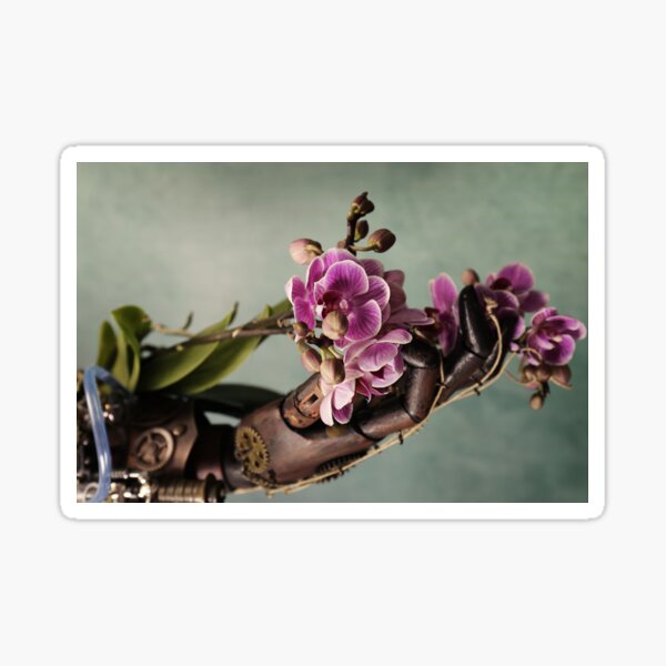 Orchid flower fed by Steampunk robot hand Sticker
