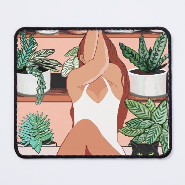 Item preview, Yoga woman and cat with plants in jungle home/ Succulent Yogini / Yoga, pot plants and cat designed and sold by MagentaRose.