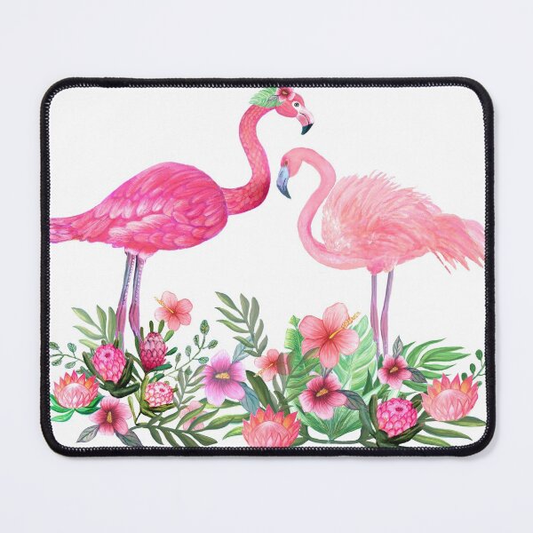 Item preview, Pink Flamingo watercolor tropical flower garden on teal, painted in watercolor designed and sold by MagentaRose.