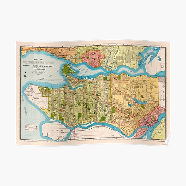 Guide map. Vancouver-New Westminster. Burnaby and North Shore municipalities (1935) Poster