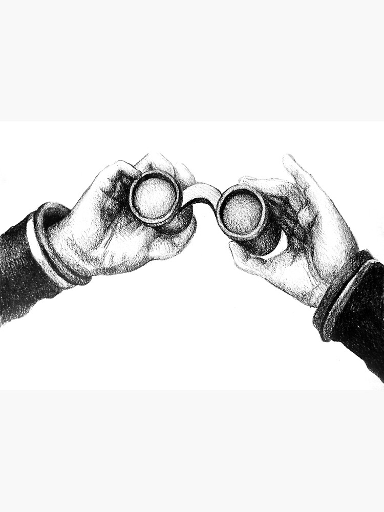"Colorful detailed drawing of hand holding binoculars. Illustration