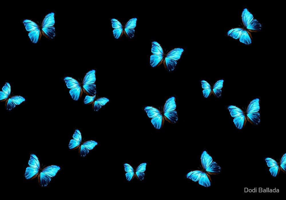 "Supper Blue butterflies on a black background" by Dodi Ballada | Redbubble