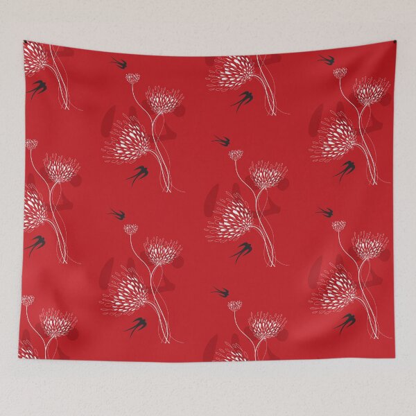 Item preview, Oriental Black Swallows With Chinese Calligraphy 'Xin' (Heart) and White Dandelion Flower Blooms On Red © fatfatin  designed and sold by fatfatin.