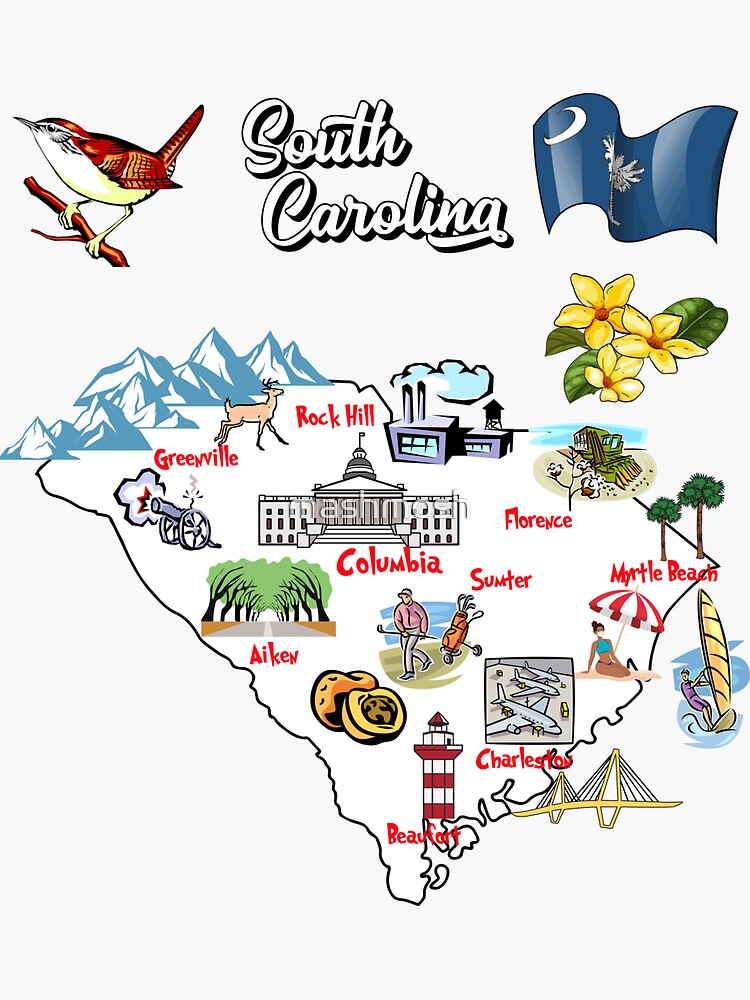 "illustrated Map of South Carolina state in US, major Cities and