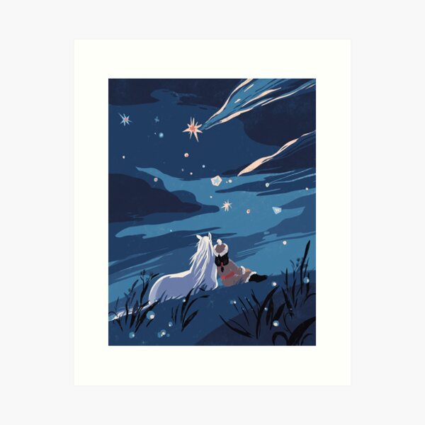 girl and horse under the night sky Art Print