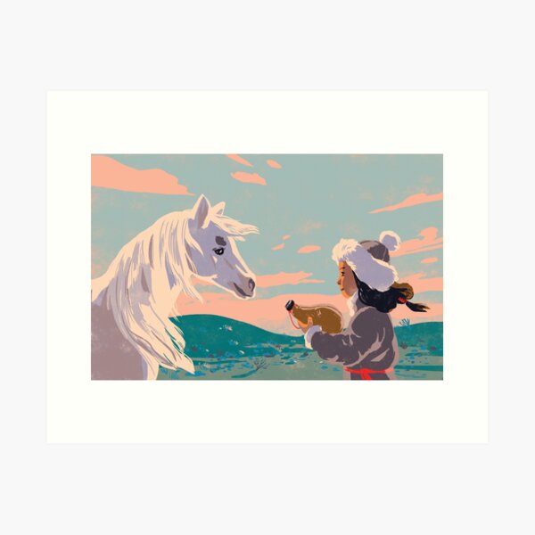 Mongolian girl and white horse Art Print
