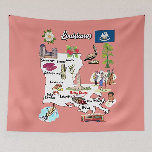 Item preview, illustrated Map of Louisiana in US with major Cities, symbols and attractions designed and sold by mashmosh.
