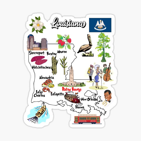 illustrated Map of Louisiana in US with major Cities, symbols and  attractions Sticker for Sale by mashmosh