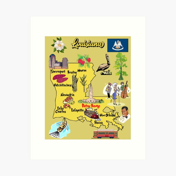 illustrated Map of Louisiana in US with major Cities, symbols and  attractions Sticker for Sale by mashmosh