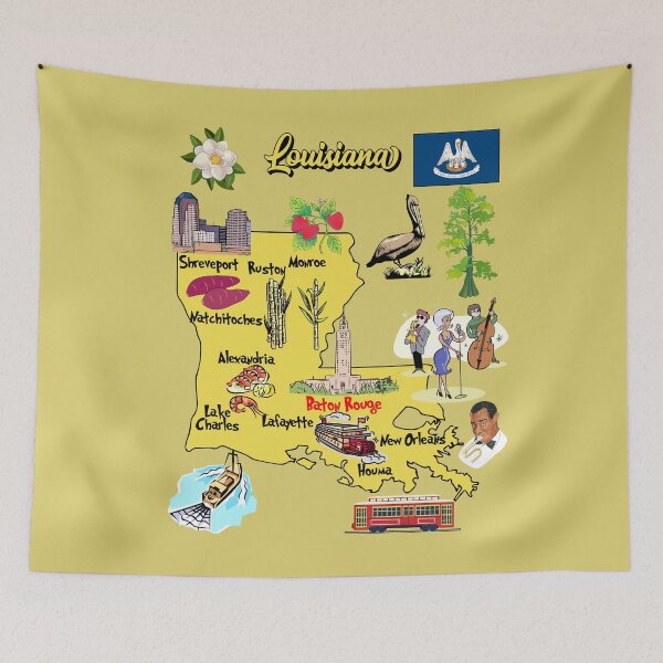 Item preview, Hand Drawn Illustration of Louisiana state Map with Tourist Destinations and landmarks designed and sold by mashmosh.