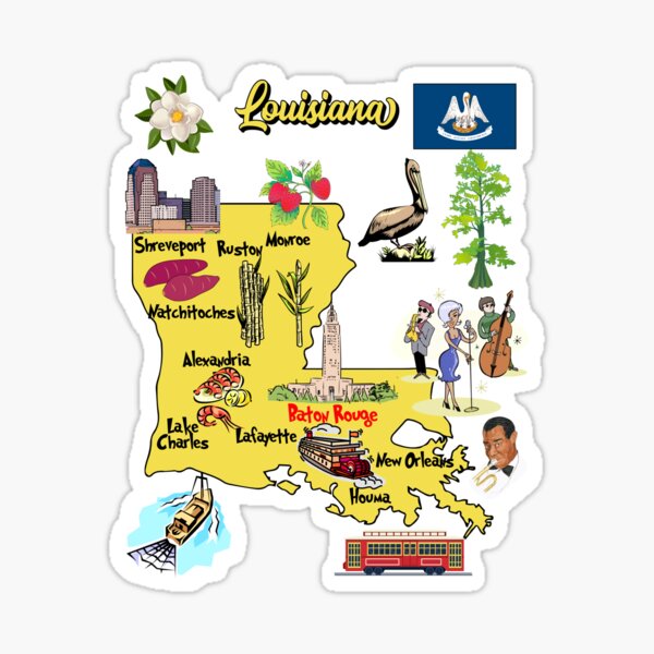 illustrated Map of Louisiana in US with major Cities, symbols and  attractions Sticker for Sale by mashmosh