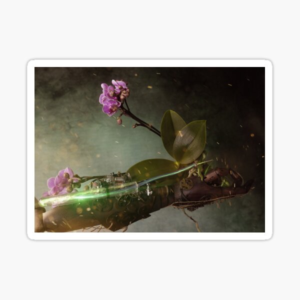 Copy of Orchid flower fed by Steampunk robot hand Sticker