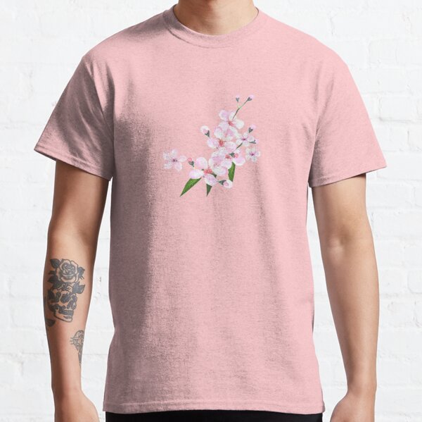 Cherry Blossom, blush pink watercolor on slate blue Classic T-Shirt