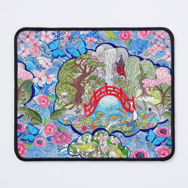 Item preview, Jardín zen japonés con flor de cerezo, pagoda, puente, estanque koi y cascada designed and sold by MagentaRose.