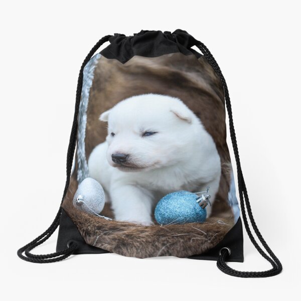 Christmas wolfdog puppy Drawstring Bag