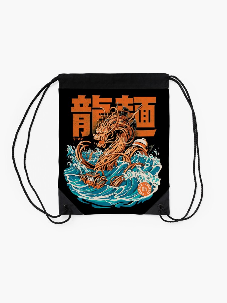 Alternate view of Black Great Ramen Dragon off Kanagawa Drawstring Bag