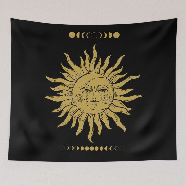 Item preview, Sun moon tapestry Wall hanging stars space psychedelic Black and gold tapestries" 369" positive  Energy  designed and sold by Morinas.