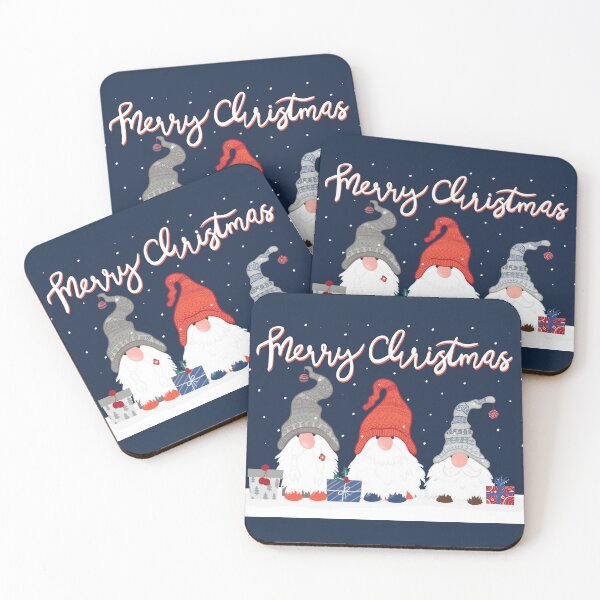 Item preview, Three Merry Christmas Gnomes with Snowflakes and Presents on Dark Blue designed and sold by NattyDesigns.